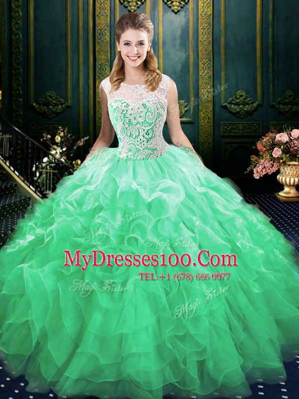 Organza and Tulle Scoop Sleeveless Brush Train Zipper Appliques and Ruffles Quinceanera Dress in Green