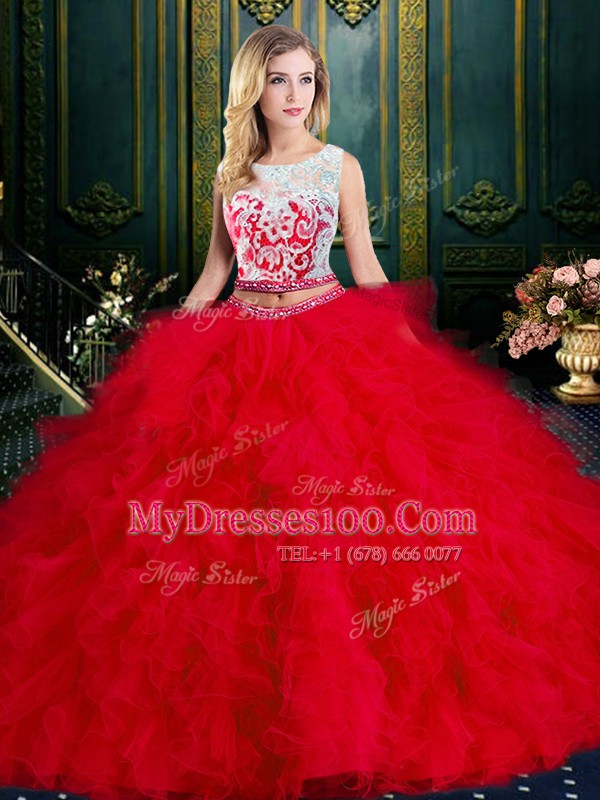 Scoop Red Tulle Zipper Quinceanera Gown Sleeveless Floor Length Lace and Ruffles