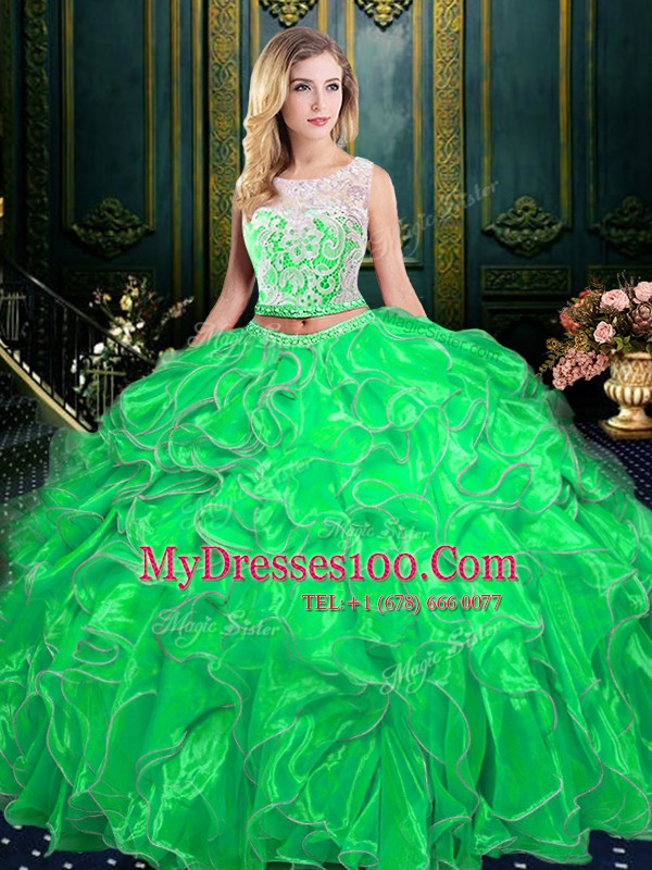 Custom Made Organza Zipper Scoop Sleeveless Floor Length Quinceanera Dresses Lace and Ruffles