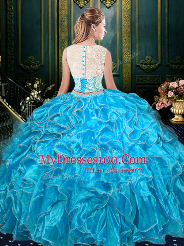 Custom Made Organza Zipper Scoop Sleeveless Floor Length Quinceanera Dresses Lace and Ruffles