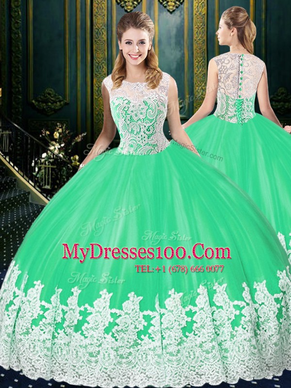 Scoop Sleeveless Zipper Quinceanera Gown Apple Green Tulle