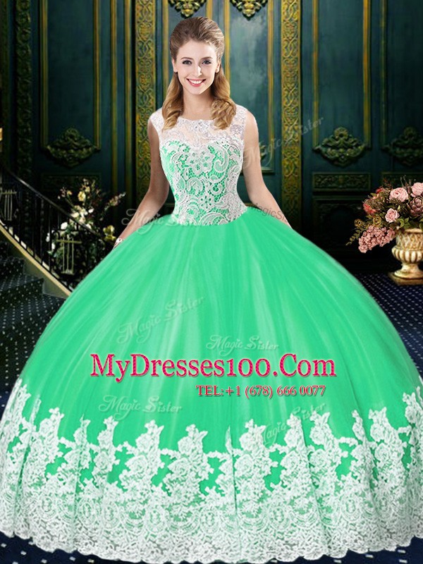Scoop Sleeveless Zipper Quinceanera Gown Apple Green Tulle
