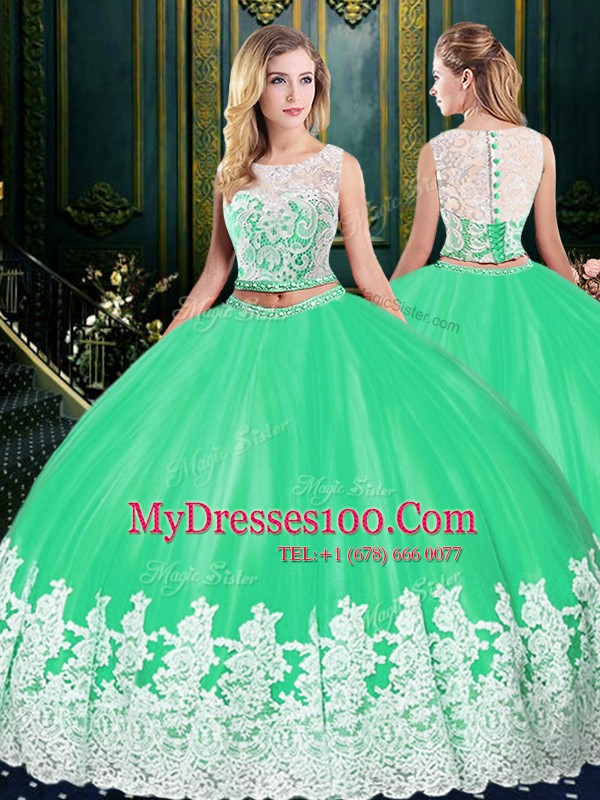 Apple Green Two Pieces Scoop Sleeveless Tulle Floor Length Zipper Lace and Appliques Sweet 16 Dress