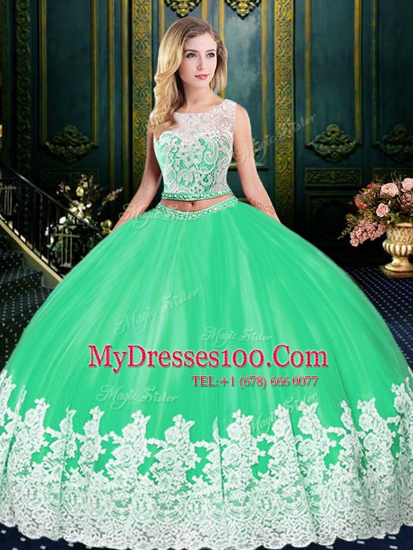 Apple Green Two Pieces Scoop Sleeveless Tulle Floor Length Zipper Lace and Appliques Sweet 16 Dress