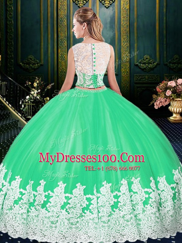 Apple Green Two Pieces Scoop Sleeveless Tulle Floor Length Zipper Lace and Appliques Sweet 16 Dress