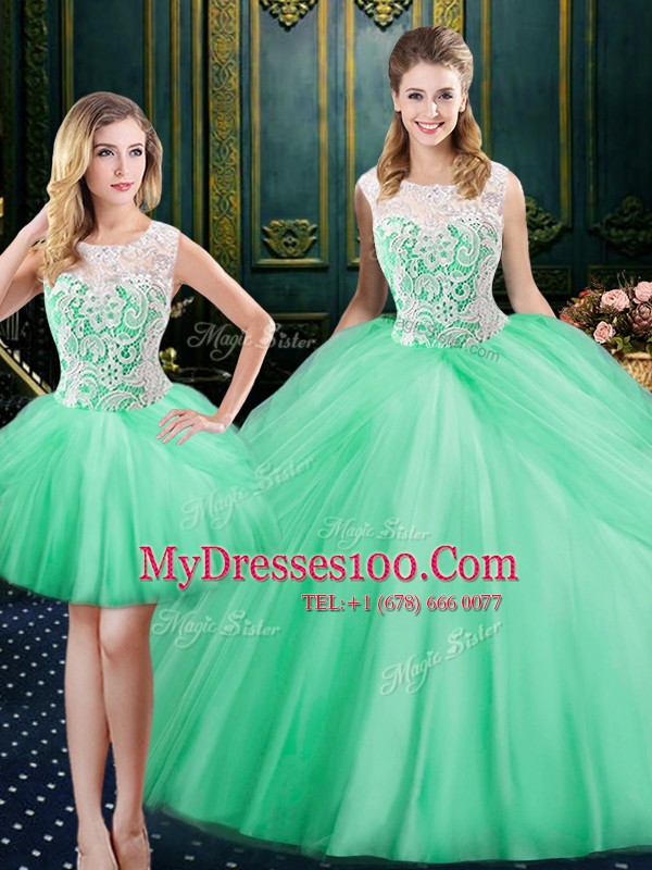 Flirting Three Piece Pick Ups Scoop Sleeveless Lace Up Quinceanera Dresses Apple Green Tulle