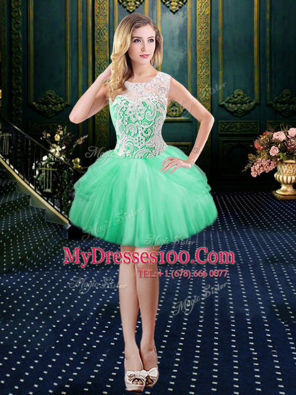 Flirting Three Piece Pick Ups Scoop Sleeveless Lace Up Quinceanera Dresses Apple Green Tulle