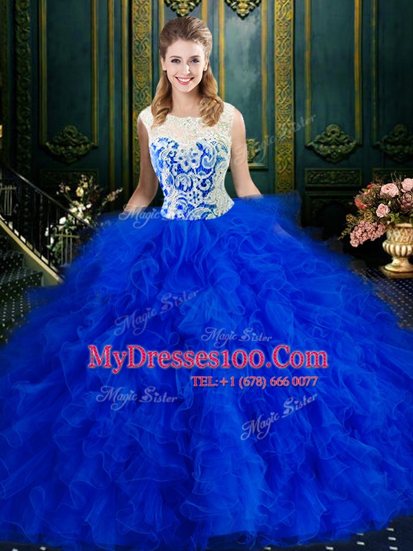 Sophisticated Scoop Lace and Ruffles 15 Quinceanera Dress Royal Blue Zipper Sleeveless Floor Length
