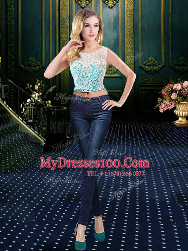 Romantic Four Piece Scoop Lace and Sequins Quinceanera Dresses Blue Lace Up Sleeveless Floor Length