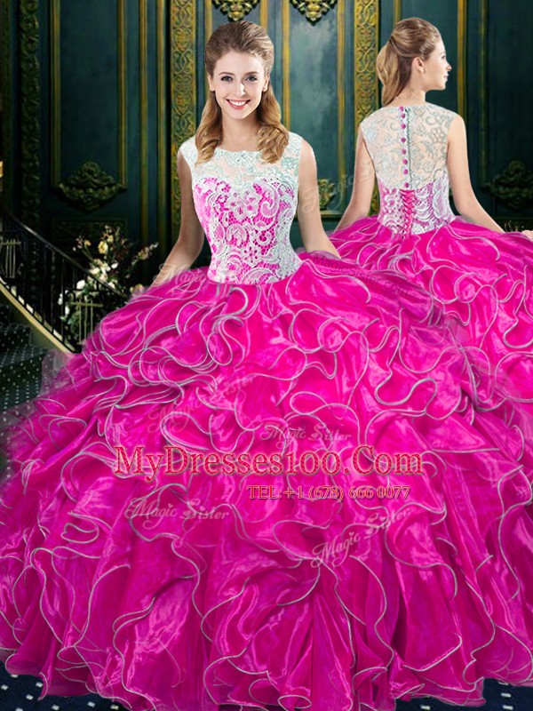 Unique Fuchsia Ball Gowns Scoop Sleeveless Organza Floor Length Zipper Lace and Ruffles Quince Ball Gowns