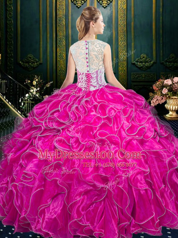 Unique Fuchsia Ball Gowns Scoop Sleeveless Organza Floor Length Zipper Lace and Ruffles Quince Ball Gowns