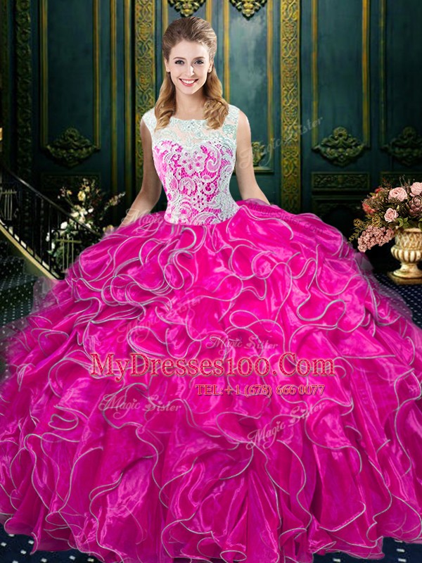 Unique Fuchsia Ball Gowns Scoop Sleeveless Organza Floor Length Zipper Lace and Ruffles Quince Ball Gowns