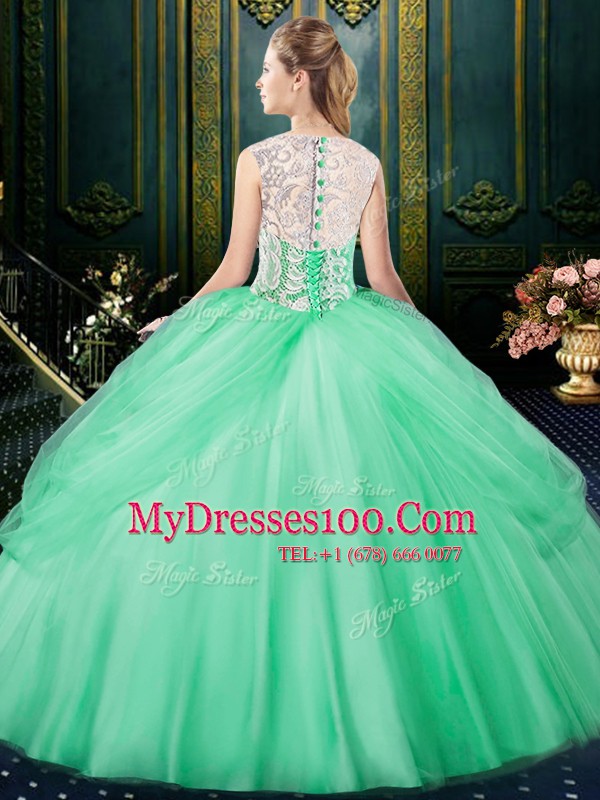 Luxurious Scoop Tulle Sleeveless Floor Length Sweet 16 Dresses and Lace and Pick Ups