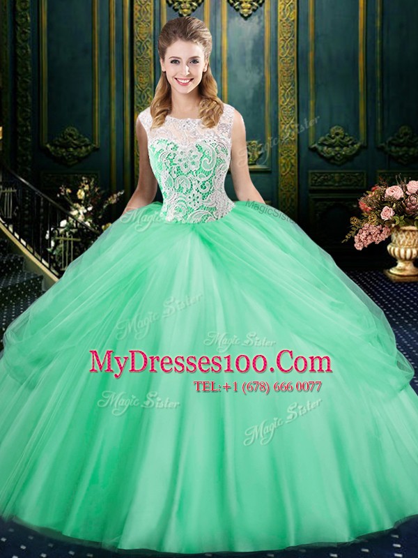Luxurious Scoop Tulle Sleeveless Floor Length Sweet 16 Dresses and Lace and Pick Ups