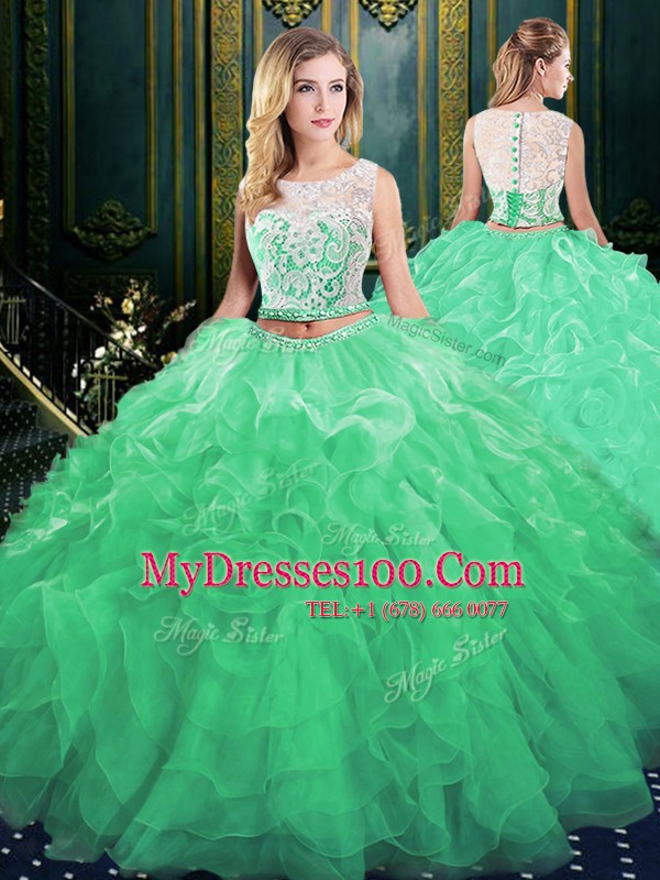 Stylish Green Two Pieces Scoop Sleeveless Organza Court Train Zipper Lace and Appliques and Ruffles Sweet 16 Dresses