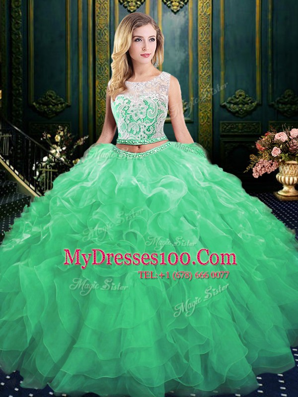 Stylish Green Two Pieces Scoop Sleeveless Organza Court Train Zipper Lace and Appliques and Ruffles Sweet 16 Dresses