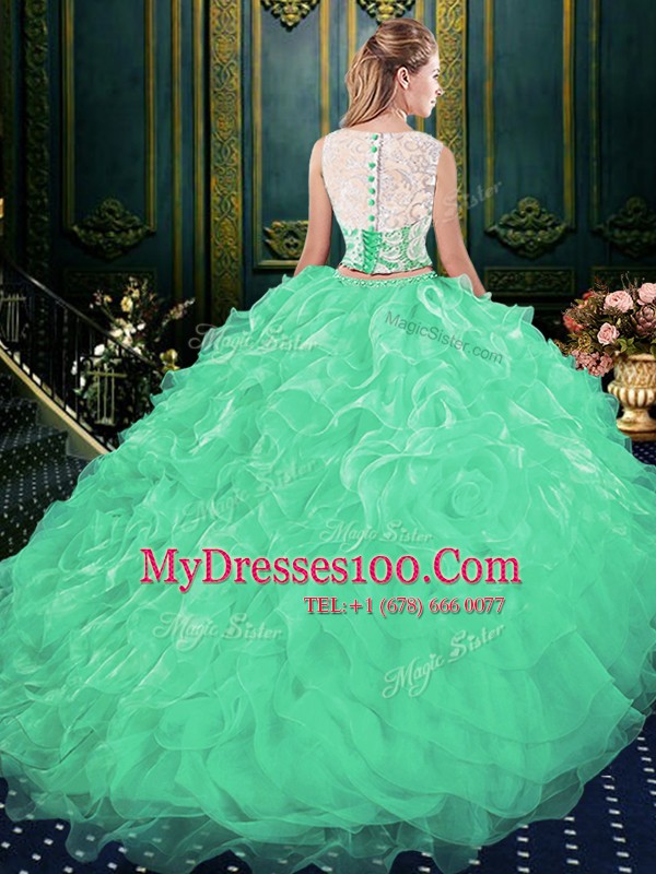 Stylish Green Two Pieces Scoop Sleeveless Organza Court Train Zipper Lace and Appliques and Ruffles Sweet 16 Dresses