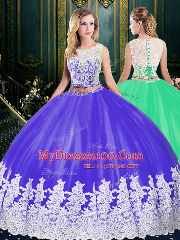 Scoop Sleeveless Zipper Floor Length Lace and Appliques Vestidos de Quinceanera