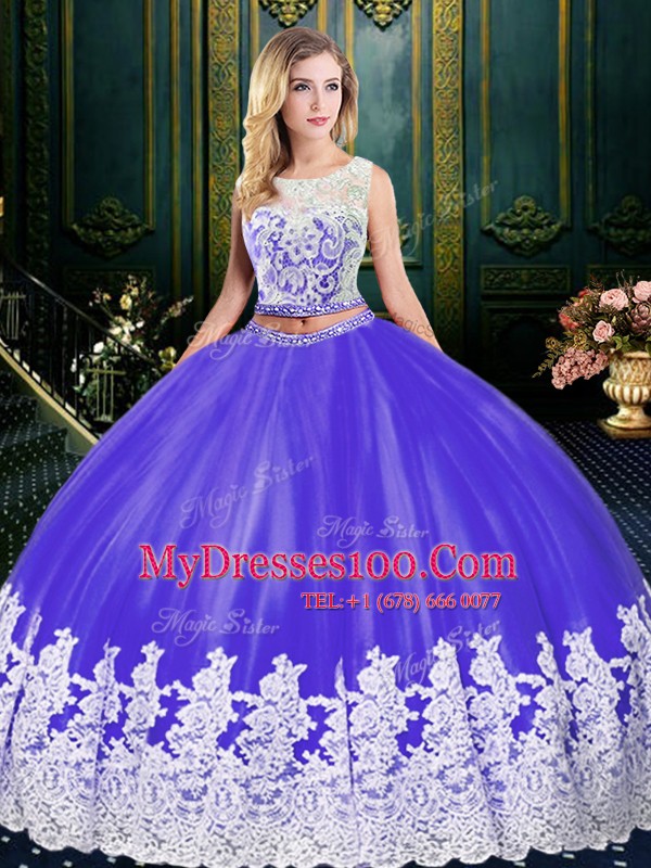 Scoop Sleeveless Zipper Floor Length Lace and Appliques Vestidos de Quinceanera