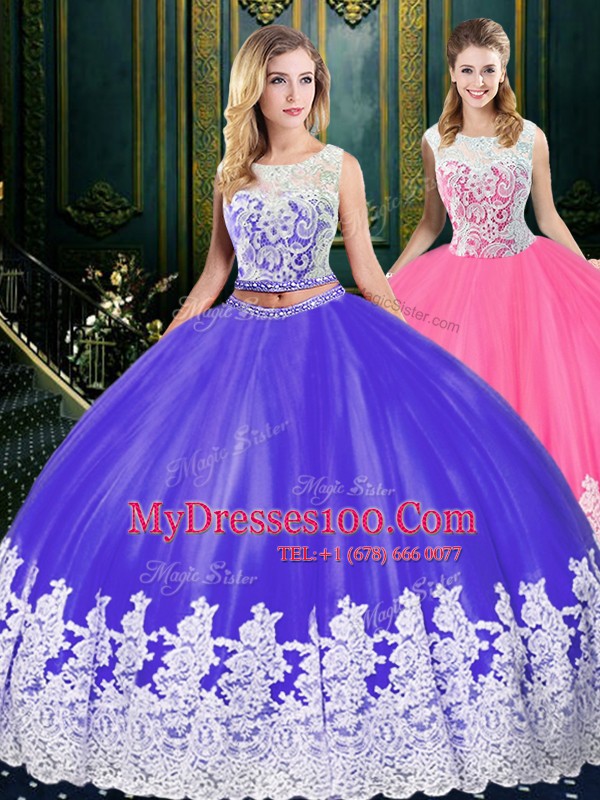 Scoop Sleeveless Zipper Floor Length Lace and Appliques Vestidos de Quinceanera
