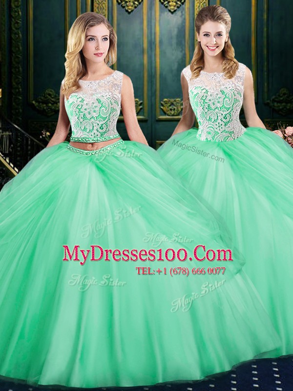New Style Scoop Floor Length Apple Green 15 Quinceanera Dress Tulle Sleeveless Lace and Pick Ups