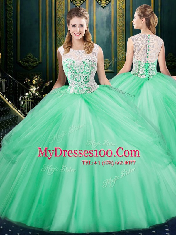 New Style Scoop Floor Length Apple Green 15 Quinceanera Dress Tulle Sleeveless Lace and Pick Ups