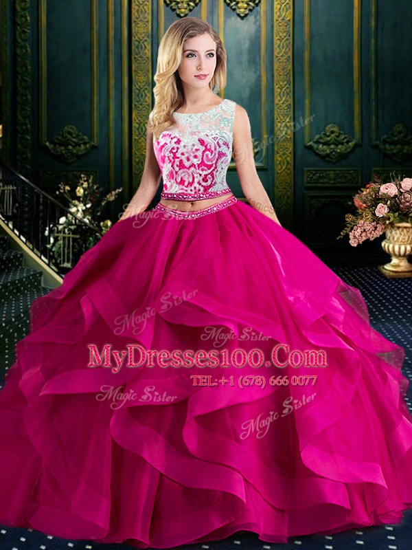Gorgeous Scoop Fuchsia Tulle Lace Up Sweet 16 Dresses Sleeveless With Brush Train Lace and Ruffles