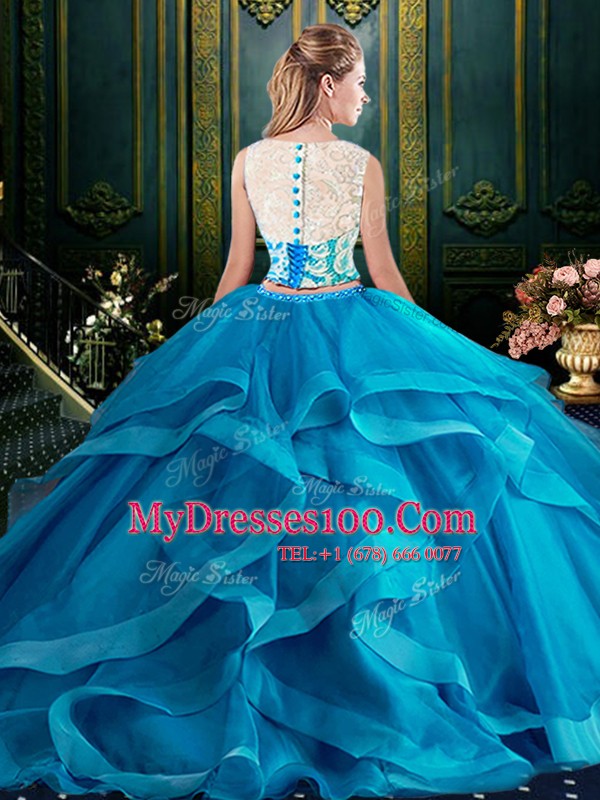 Gorgeous Scoop Fuchsia Tulle Lace Up Sweet 16 Dresses Sleeveless With Brush Train Lace and Ruffles
