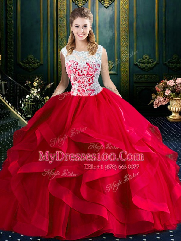 Square Sleeveless Brush Train Zipper With Train Lace and Ruffles Quinceanera Gown