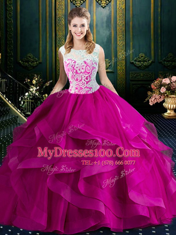 Suitable Square Clasp Handle Tulle Sleeveless With Train Sweet 16 Dress Brush Train and Lace