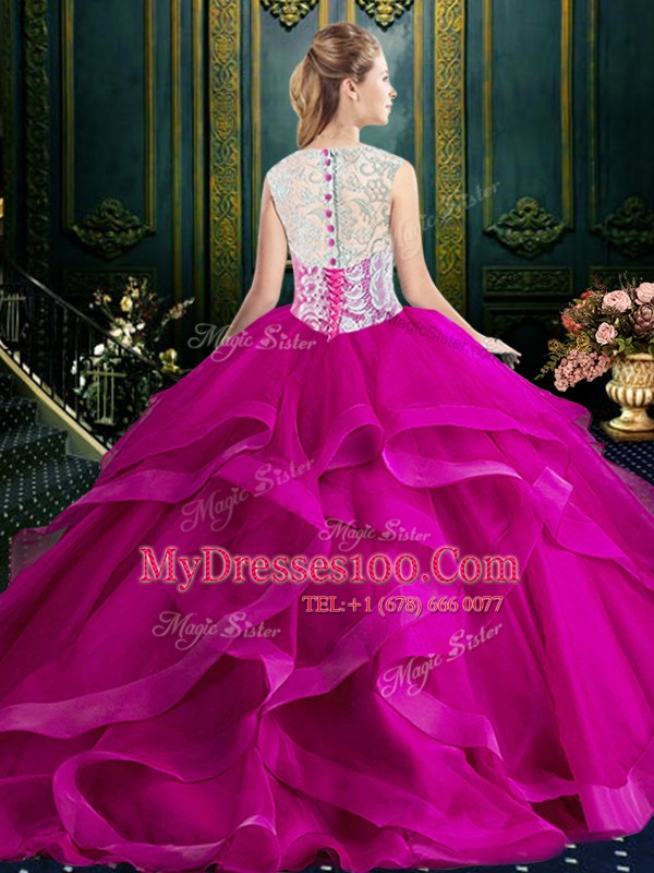 Suitable Square Clasp Handle Tulle Sleeveless With Train Sweet 16 Dress Brush Train and Lace