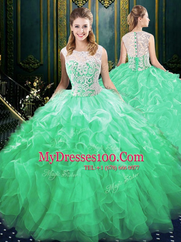 Four Piece Green Scoop Zipper Lace and Ruffles Quinceanera Gowns Sleeveless