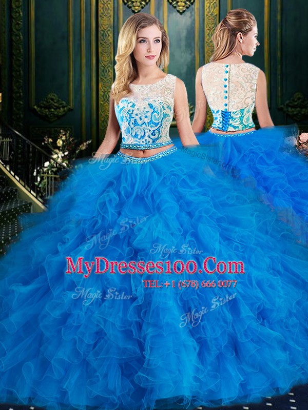 Blue 15th Birthday Dress Military Ball and Sweet 16 and Quinceanera and For with Lace and Ruffles Scoop Sleeveless Zipper