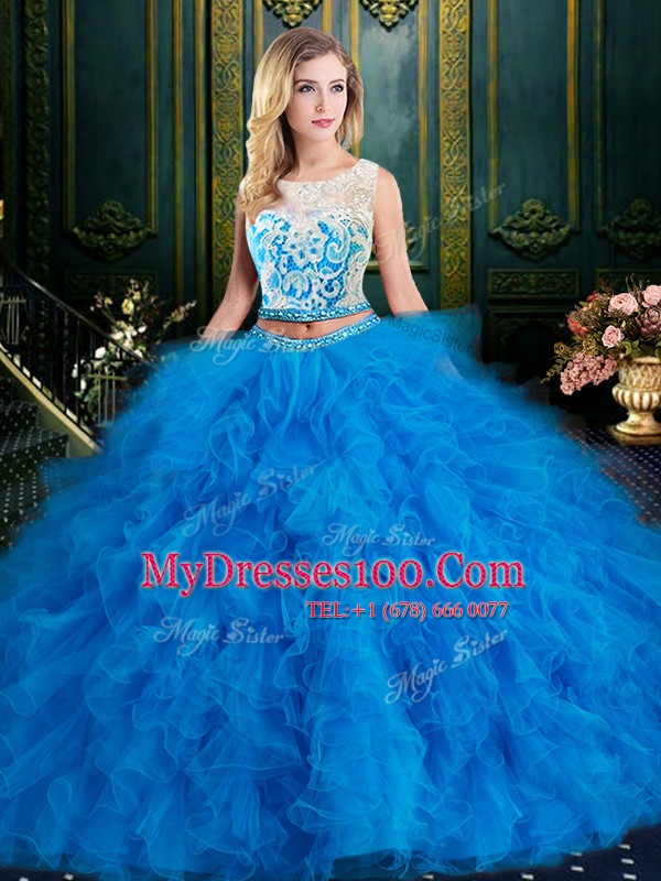 Blue 15th Birthday Dress Military Ball and Sweet 16 and Quinceanera and For with Lace and Ruffles Scoop Sleeveless Zipper