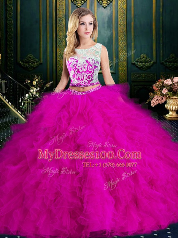 Glittering Scoop Sleeveless Floor Length Lace and Ruffles Zipper Quinceanera Dress with Fuchsia