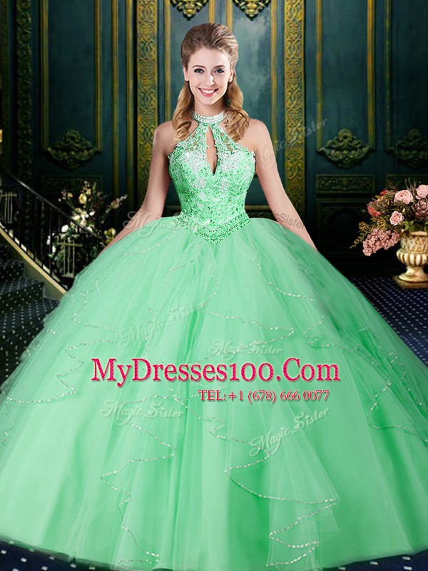 Halter Top Sleeveless Tulle 15th Birthday Dress Beading and Lace and Ruffles and Ruching Lace Up