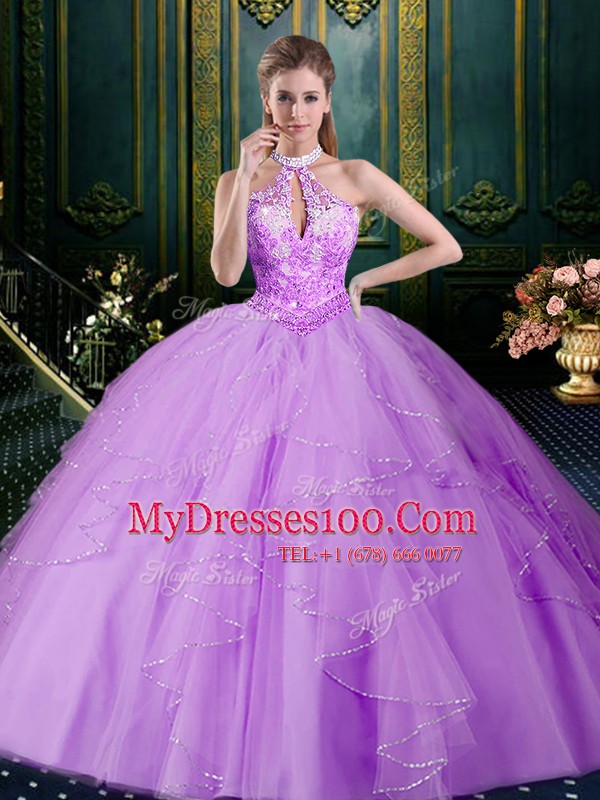 Halter Top Sleeveless Tulle 15th Birthday Dress Beading and Lace and Ruffles and Ruching Lace Up