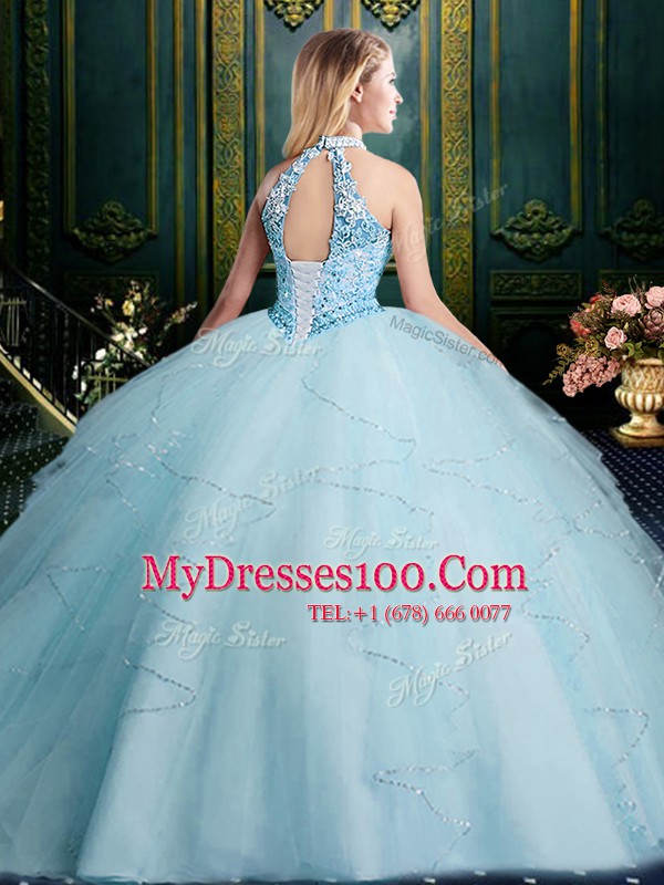 Halter Top Sleeveless Tulle 15th Birthday Dress Beading and Lace and Ruffles and Ruching Lace Up