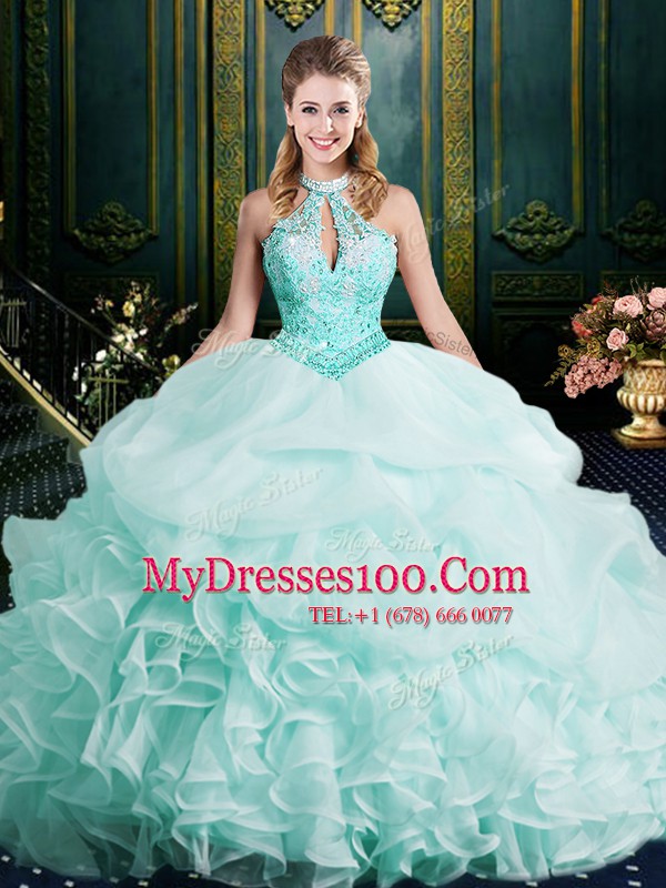 Custom Fit Halter Top Sleeveless Organza Quinceanera Dresses with Wigs Beading and Lace and Ruffles Brush Train Clasp Handle