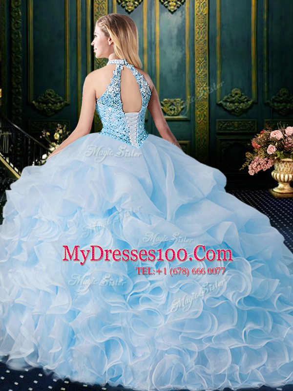 Custom Fit Halter Top Sleeveless Organza Quinceanera Dresses with Wigs Beading and Lace and Ruffles Brush Train Clasp Handle