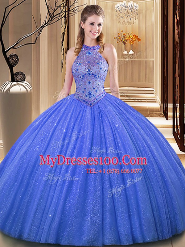 Ideal Backless Floor Length Baby Blue Sweet 16 Dress Tulle Sleeveless Embroidery