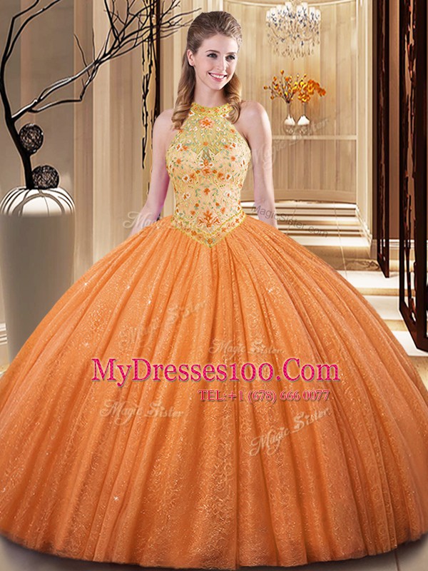 Orange Backless High-neck Embroidery and Hand Made Flower Quinceanera Dress Tulle Sleeveless