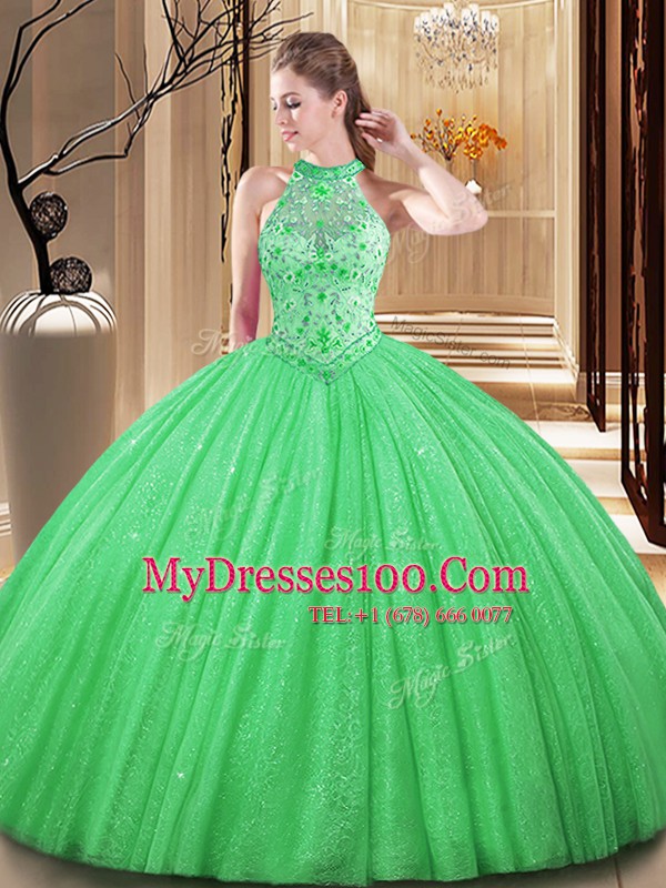 Orange Backless High-neck Embroidery and Hand Made Flower Quinceanera Dress Tulle Sleeveless