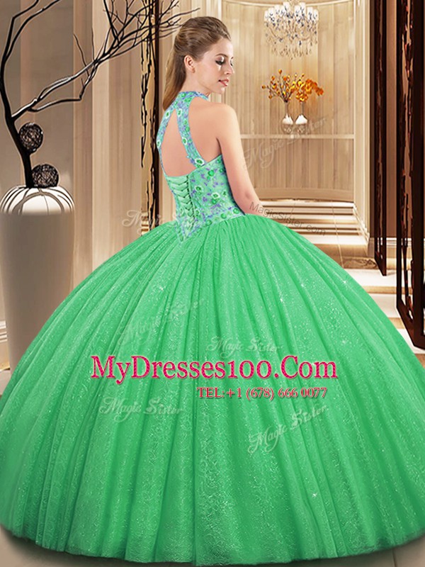 Orange Backless High-neck Embroidery and Hand Made Flower Quinceanera Dress Tulle Sleeveless