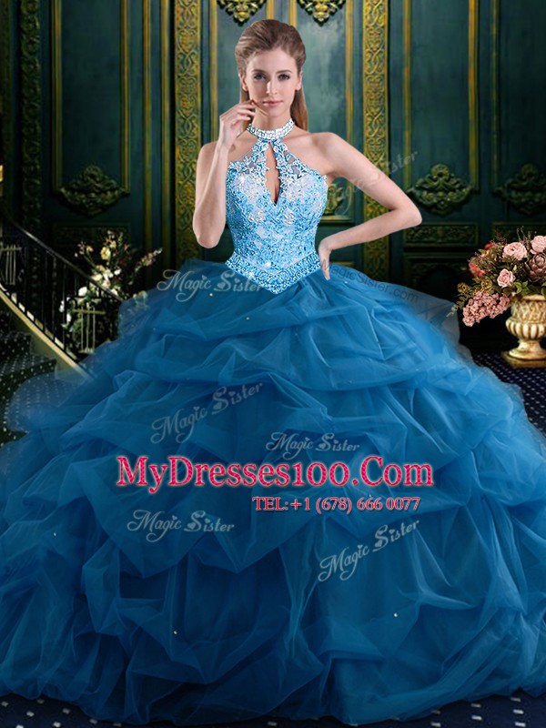 Suitable Pick Ups Floor Length Navy Blue Quinceanera Dress Halter Top Sleeveless Lace Up