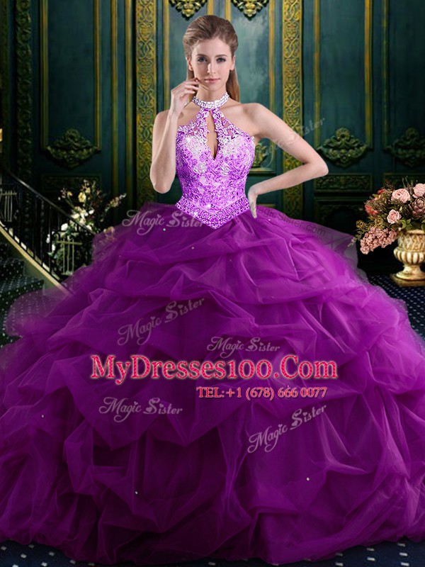 Suitable Pick Ups Floor Length Navy Blue Quinceanera Dress Halter Top Sleeveless Lace Up