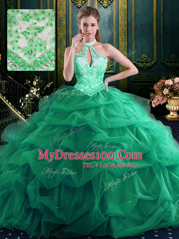Halter Top Floor Length Lace Up Quinceanera Dress Dark Green for Military Ball and Sweet 16 and Quinceanera with Beading and Ruffles and Pick Ups