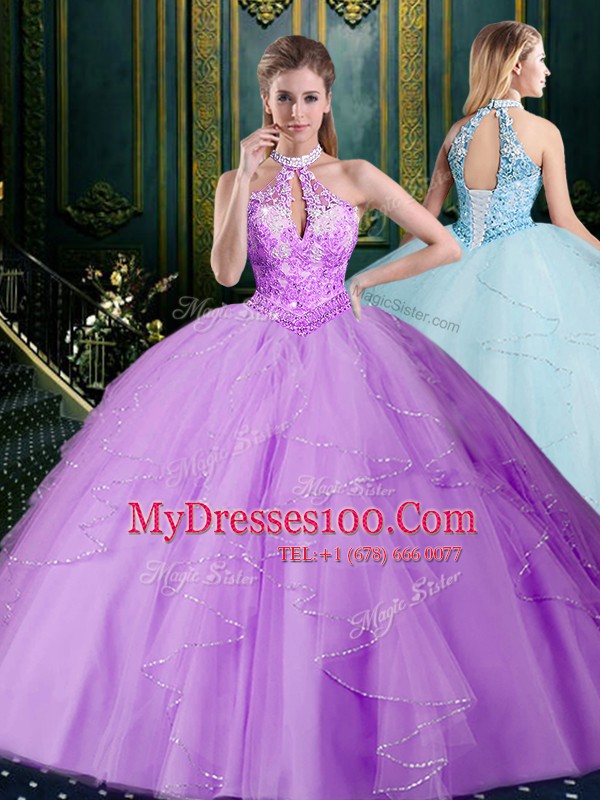 Lavender Halter Top Neckline Beading and Lace and Ruffles Sweet 16 Dress Sleeveless Lace Up