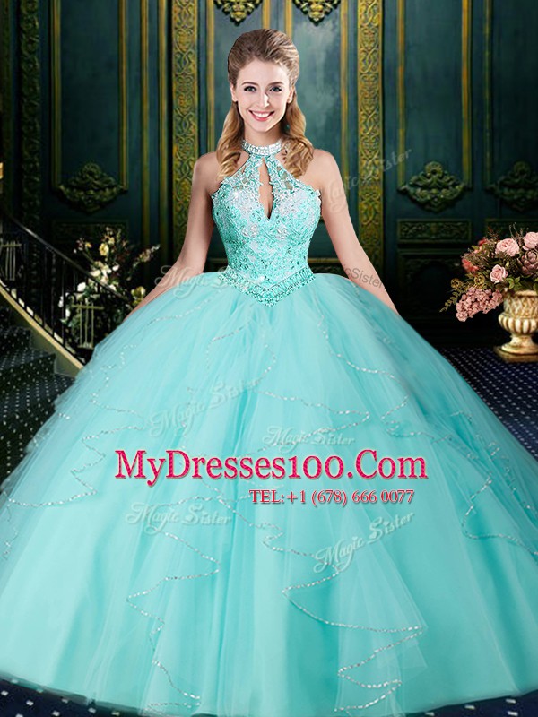 Lavender Halter Top Neckline Beading and Lace and Ruffles Sweet 16 Dress Sleeveless Lace Up