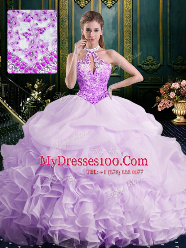 Adorable Halter Top Beading and Lace and Appliques and Ruffles and Pick Ups 15th Birthday Dress Lavender Lace Up Sleeveless Brush Train
